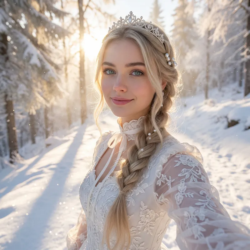 Exquisite White-Dressed Woman with Aquamarine Eyes in Cinematic Angle