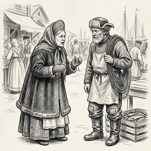 Russian Aristocratic Woman Confronts Fisherman in Detailed Sketch
