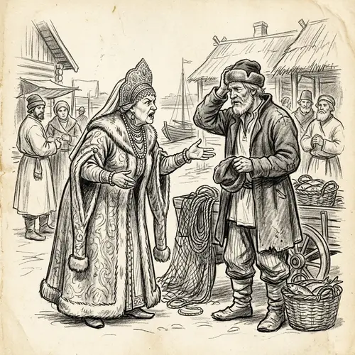 Historical Russian Context: Elderly Ruler Confronts Male Fisherman