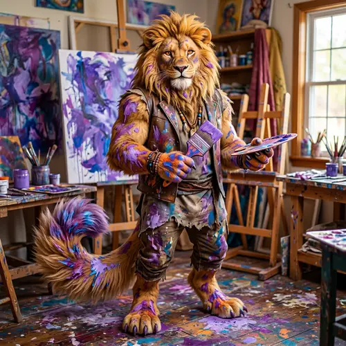 Colorful Lion Man with Paint Stains and Fluffy Tail