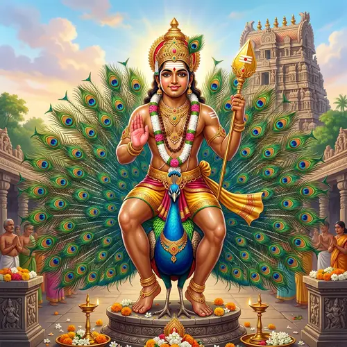 Lord Subramanya on Peacock: Vibrant Divine Pose and Blessing