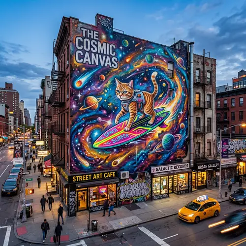 Cat Surfing Through Space - Vibrant Urban Art