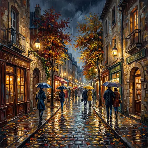 Rainy European Street Painting | Fall Night Scene