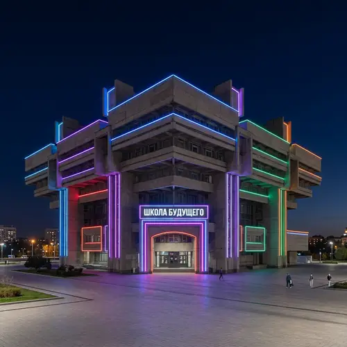 Futuristic Soviet Style School with Neon Lights in Palmela, Portugal