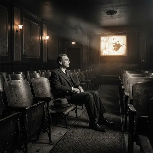 Vintage 1920s Movie Theatre with Man in Analog Film Look