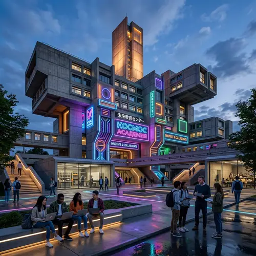 Futuristic Soviet Style School with Neon Lights, Palmela Library Style