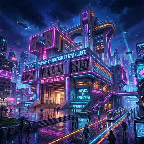 Futuristic Soviet-Style School with Neon Lights | Cyberpunk Architecture