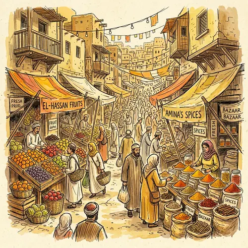 Vibrant Marketplace: Fruits & Spices in Sketch Art