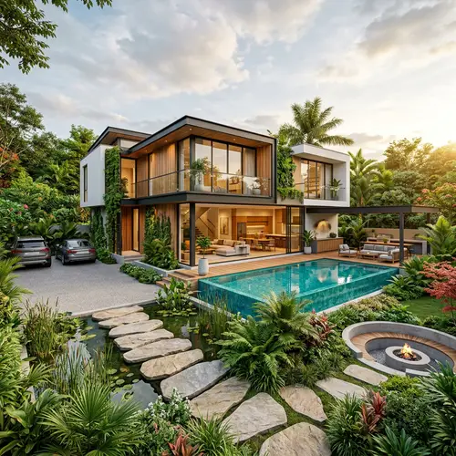 Contemporary Two-Storey House Design with Pool & Greenery