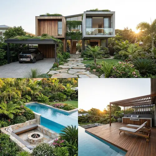 Modern Geometric House with Lush Plants, Pool, and Entertainment Area