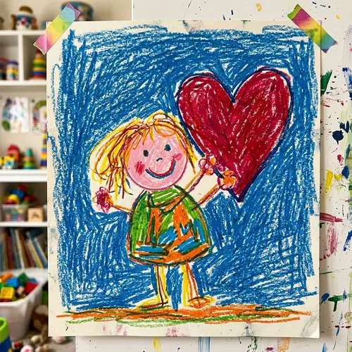 Child's Drawing of Little Girl Holding Heart Shape in Vivid Colors