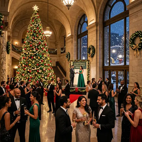 Festive Award Ceremony in Grand Lobby | Diverse Attendees & Holiday Decor