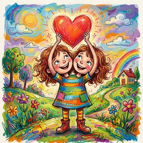 Vivid Two-Headed Little Girl Caricature with Heart