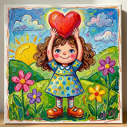 Vivid Stylized Little Girl Holding Heart with Oil Painting Texture