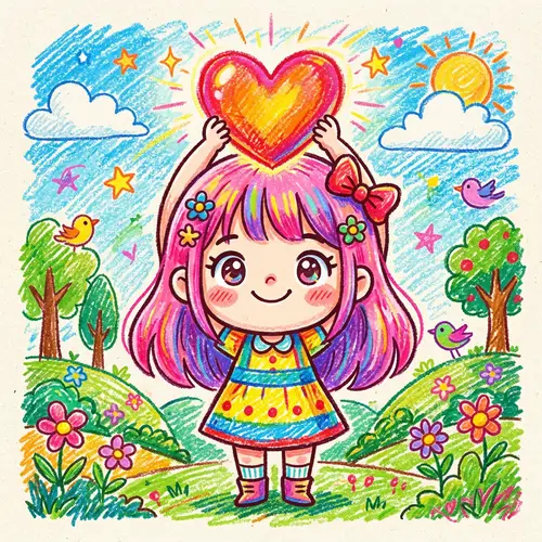Chibi Style Girl Drawing Holding Heart - Artistic Crayon Stroke