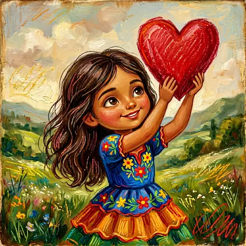 Young Hispanic Girl Holding Heart - Dynamic and Vivid Art