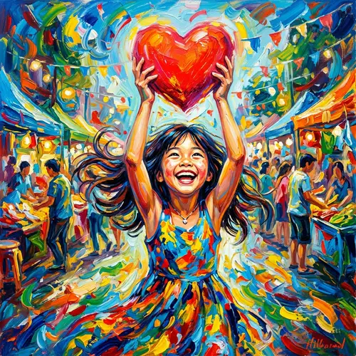 Vibrant Asian Girl Holding Heart - Impressionistic Art