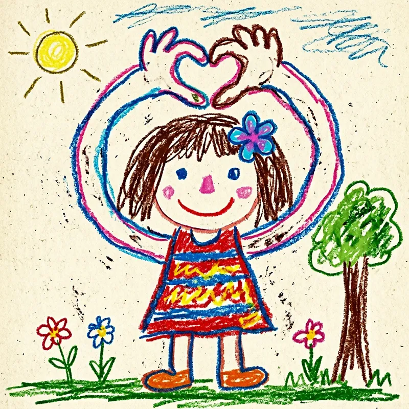Child's Drawing: Girl Holding Heart with Thick Crayon