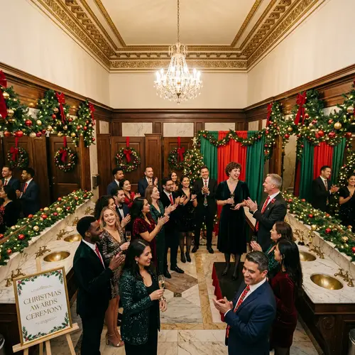 Festive Christmas-Themed Awards Ceremony in Lavish Restroom