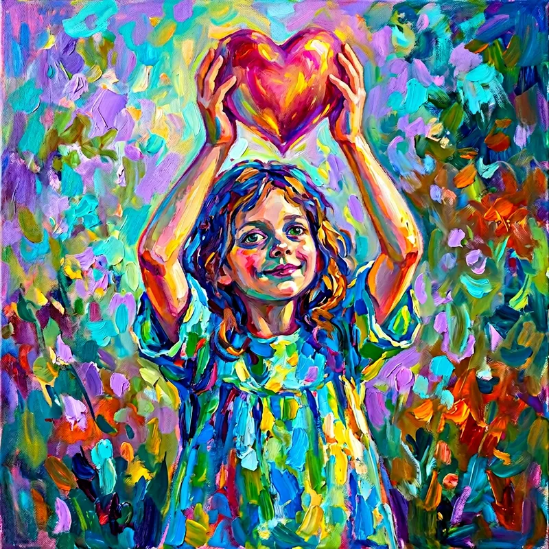 Vividly Colored Girl Holding Heart - Artistic Image