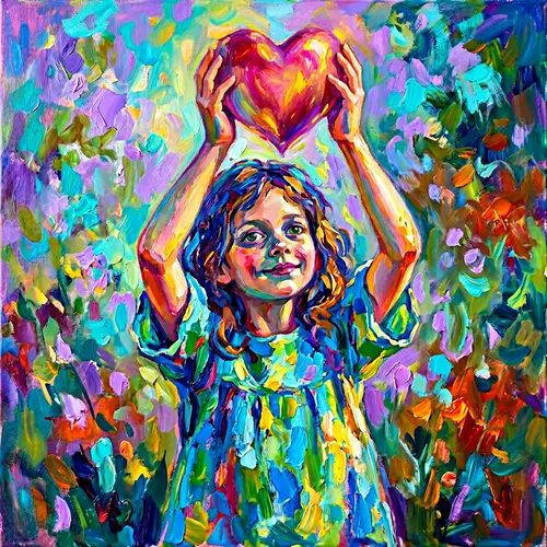Vividly Colored Deformed Girl Holding Heart - Artistic Image