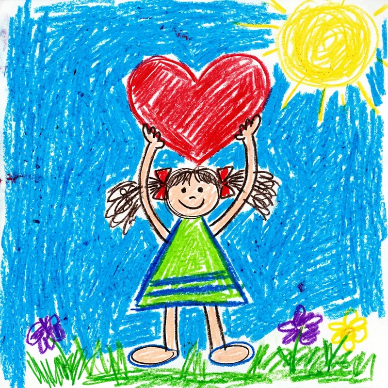 Vivid Crayon Drawing: Child's Heart-Lifting Girl Artwork