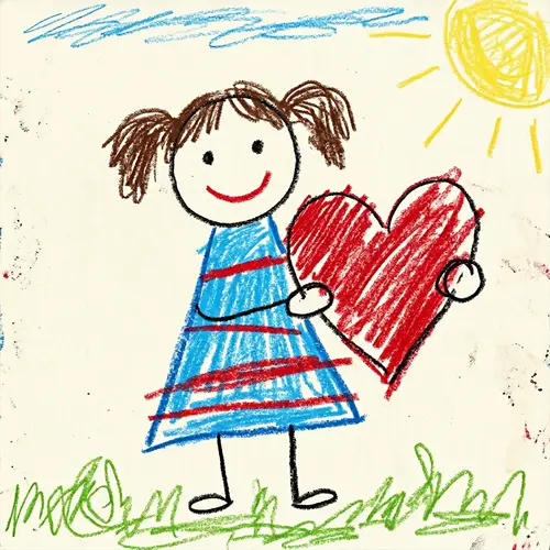 Child's Crayon Drawing of a Girl Holding Heart Shape