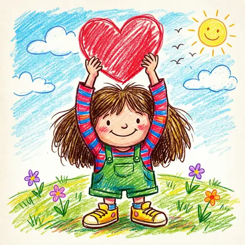 Exaggerated Proportion Little Girl with Heart Drawing