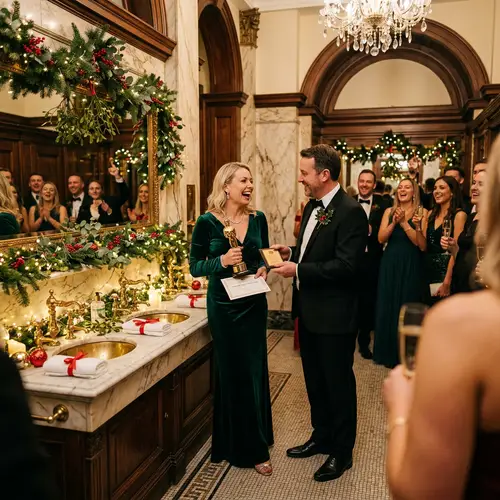 Christmas-Themed Award Ceremony in Grand Building Restroom