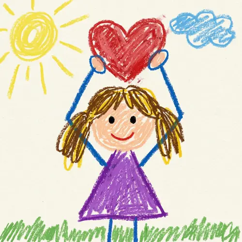 Whimsical Oil Pastel Art: Little Girl Holding Heart
