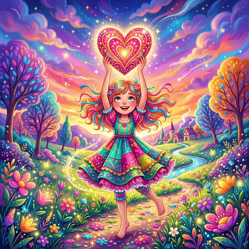 Whimsically Stylized Girl with Heart | Vibrant Color Composition