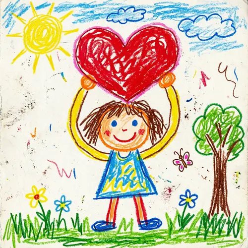 Handmade Child Art: Little Girl Holding Heart Drawing