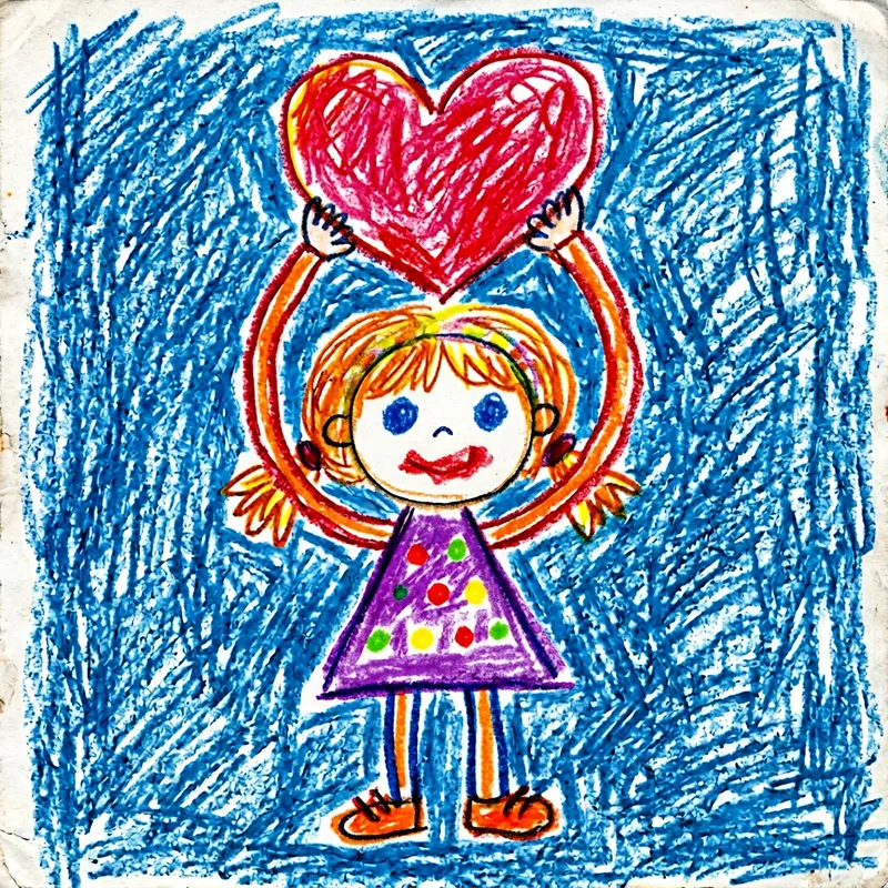 Child's Drawing of Girl Holding Heart | Vivid & Colorful Art Child's Drawing of Girl Holding Heart | Vivid & Colorful Art