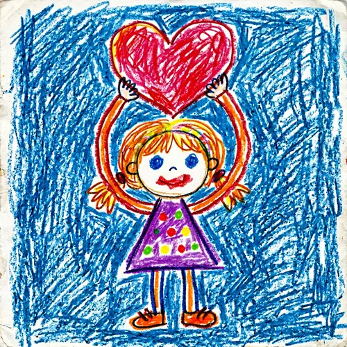 Child's Drawing of Girl Raising Heart | Colorful & Joyful Art