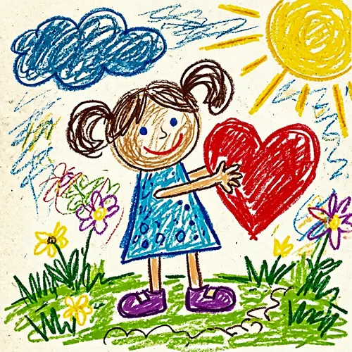 Childlike Drawing of Girl Holding Heart - Art for All Ages