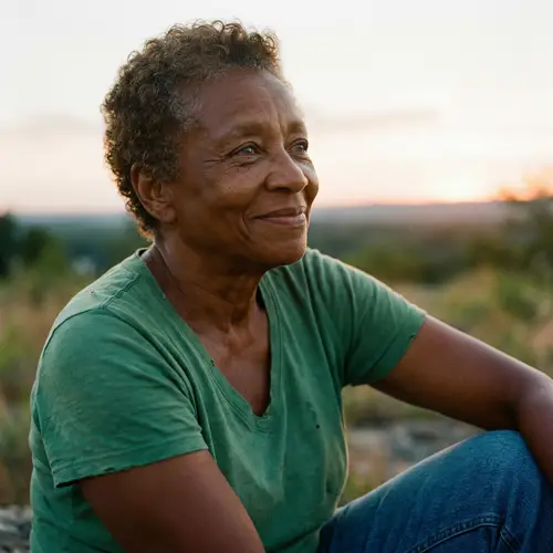 Portrait of Wise and Kind Woman with Curly Brown Hair