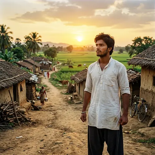 Ambitious South Asian Man in Rustic Village at Sunset