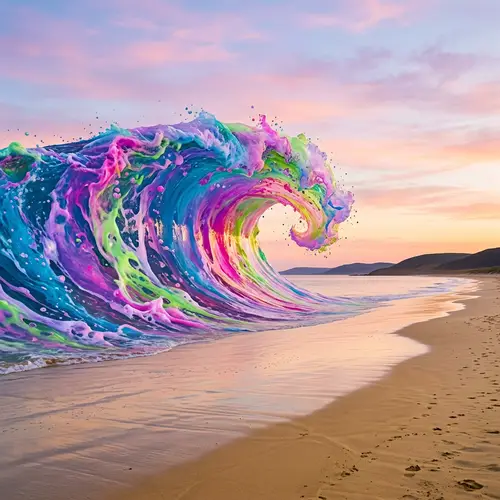 Whimsical Colorful Tsunami Wave - A Surreal Dreamlike Scene