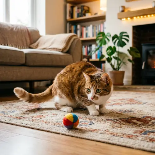 Playful Caramel and White Cat with Multicolored Ball