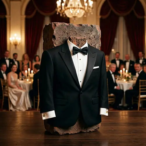 Formal Tuxedo-Clad Giant Brick: Unique Construction Material Fashion