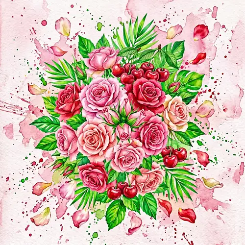 Colorful Watercolor Roses and Cherries Illustration