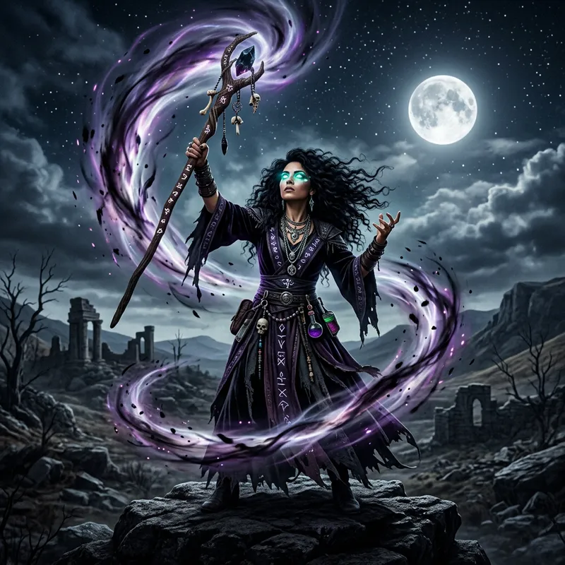 Hispanic Female Necromancer in Mystical Robe - Dark Energy Spellcaster