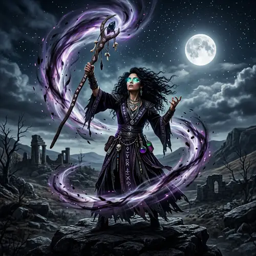 Curly Black-Haired Female Necromancer - Mystic Spells and Dark Energy
