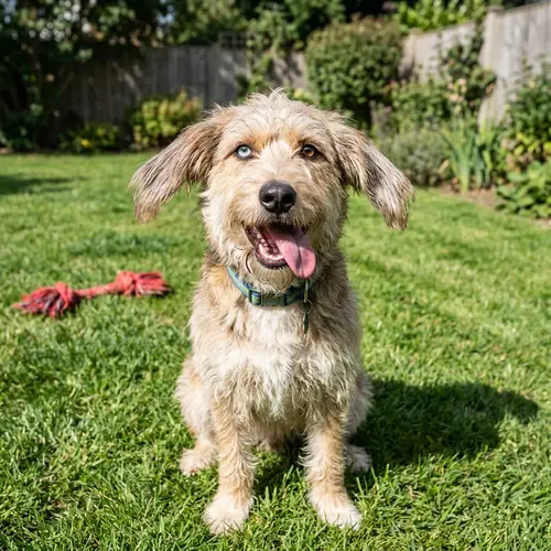 Playful Domestic Dog with Cream and Brown Shaggy Fur
