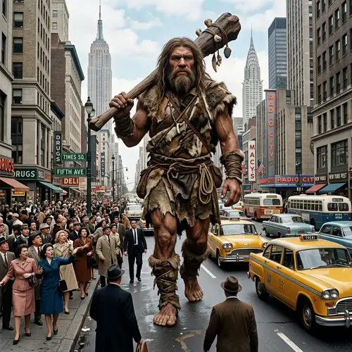 Realistic Giant in Prehistoric Furs in NYC