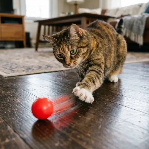 Playful Multicolored Tabby Cat Swatting at Red Ball