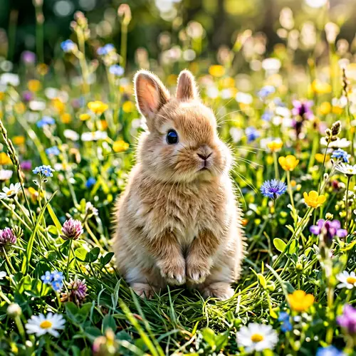 Adorable Baby Bunny in Sunlit Meadow | Cute Fawn-Colored Rabbit