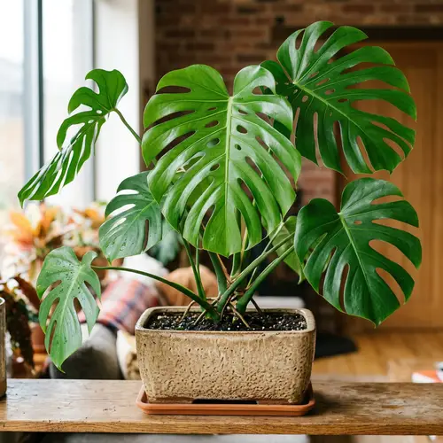 Monstera Deliciosa: Swiss Cheese Plant in Beige Ceramic Pot