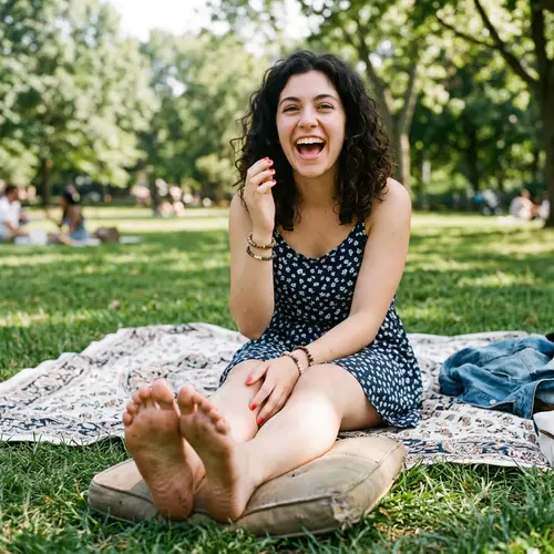 Excited Dark Hair Girl Showing Off Red Toenails