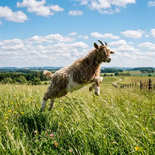 Whimsical Goat Flying - Joyful Scene in the Sun